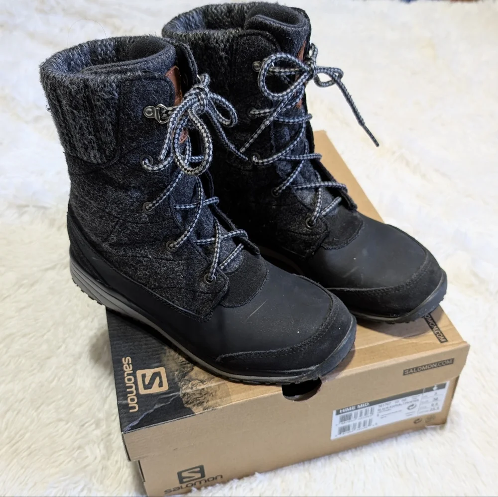 Salomon Wool & Suede Leather Grey/Black Waterproof Hime Mid Boots